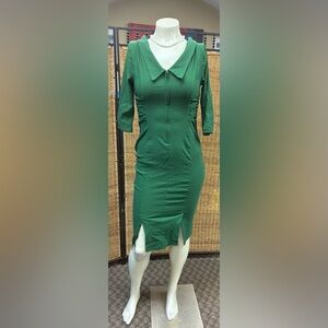 Unique Vintage Green Wiggle Dress Peter Pan Collar Ruched Retro Pin Up Size M